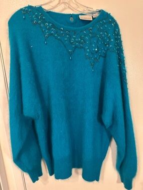 Embellished Teal Women's Angora Rabbit Sweater - Beaded Detail